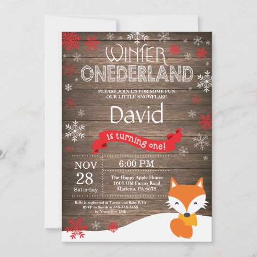 Rustic Winter Onederland Fox 1ste verjaardag Kaart (Voorkant)