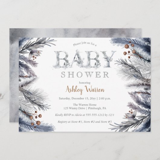 Rustic Winter Pine | Baby shower "Berries Floral" Kaart (Voorkant / Achterkant)