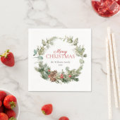 Rustic Winter Pine Berry Wreath Merry Kerstmis Servet (Insitu)