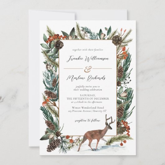 Rustic Winter Pine Cone Greenery Evergreen Wedding Kaart (Voorkant)