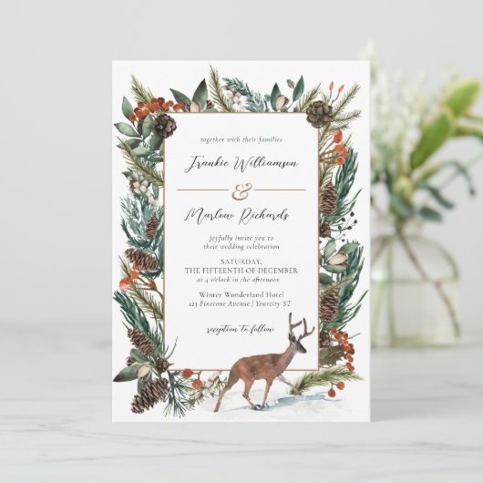 Rustic Winter Pine Cone Greenery Evergreen Wedding Kaart (Staand voorkant)
