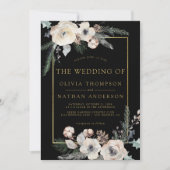 Rustic Winter Pine Floral Black Gold Frame Wedding Kaart (Voorkant)