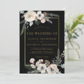 Rustic Winter Pine Floral Black Gold Frame Wedding Kaart (Staand voorkant)