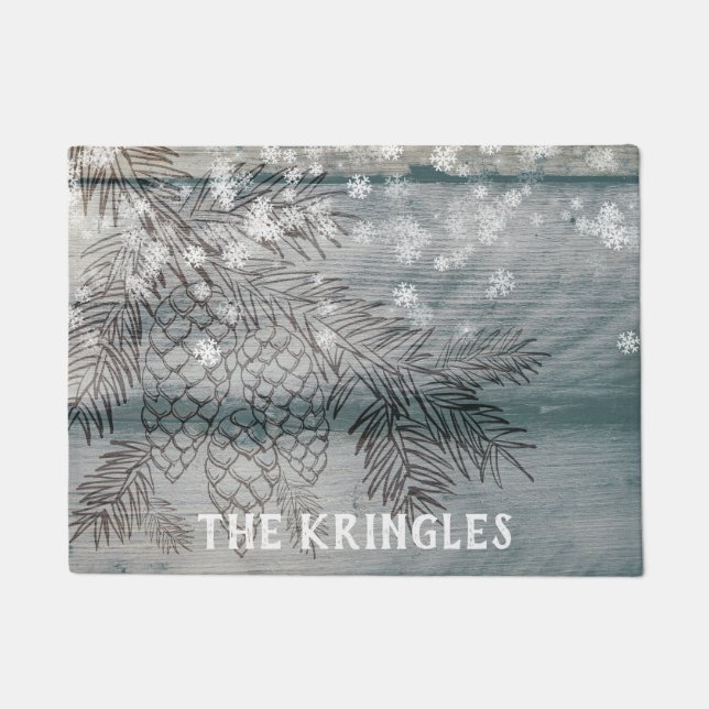 Rustic Winter Pine Tree Branches Snowflakes Name Deurmat (Voorkant)