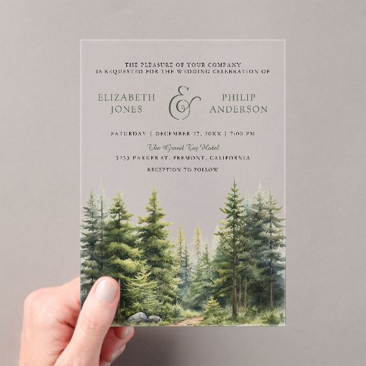 Rustic Winter Pine Trees Forest Wedding Acryl Uitnodigingen (Insitu (Draagbaar))
