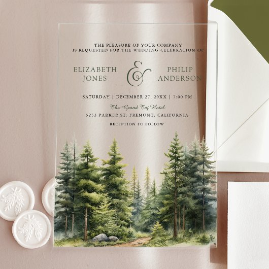 Rustic Winter Pine Trees Forest Wedding Acryl Uitnodigingen