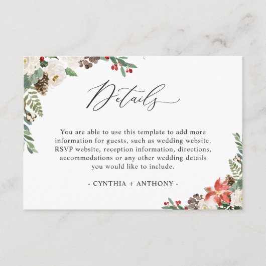 Rustic Winter Poinsettia Floral Wedding Details Informatiekaartje (Voorkant)