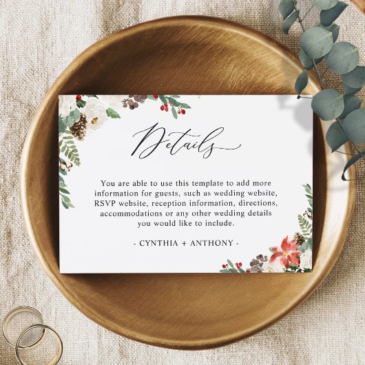 Rustic Winter Poinsettia Floral Wedding Details Informatiekaartje