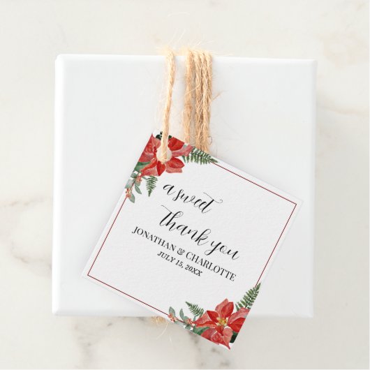 Rustic Winter Poinsettia Red Christmas Wedding Bedankjes Labels (In situ)