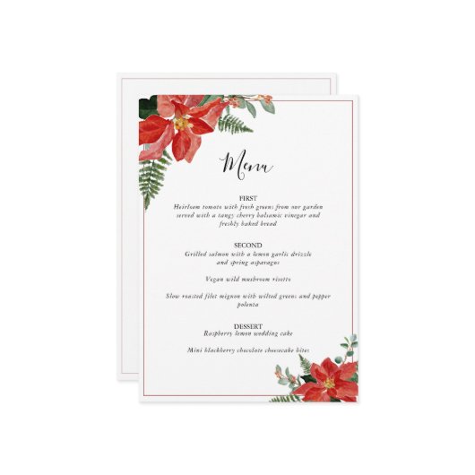 Rustic Winter Poinsettia Red Christmas Wedding Menu (Voorkant / Achterkant in situ)
