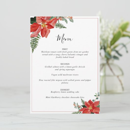 Rustic Winter Poinsettia Red Christmas Wedding Menu (Staand voorkant)