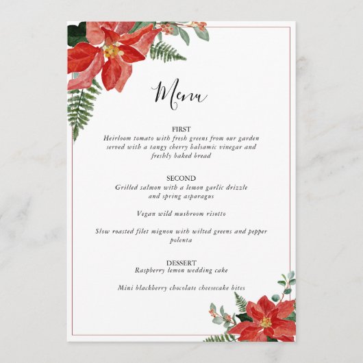 Rustic Winter Poinsettia Red Christmas Wedding Menu (Voorkant)