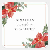 Rustic Winter Poinsettia Red Christmas Wedding Vierkante Sticker (Voorkant)