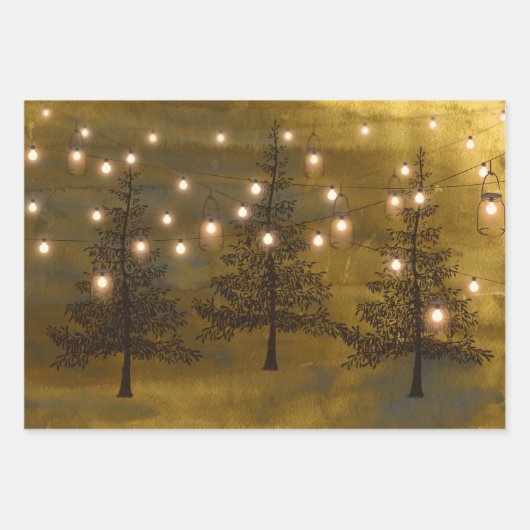Rustic Winter Scene Golden Lights Inpakpapier Vel (Voorkant)
