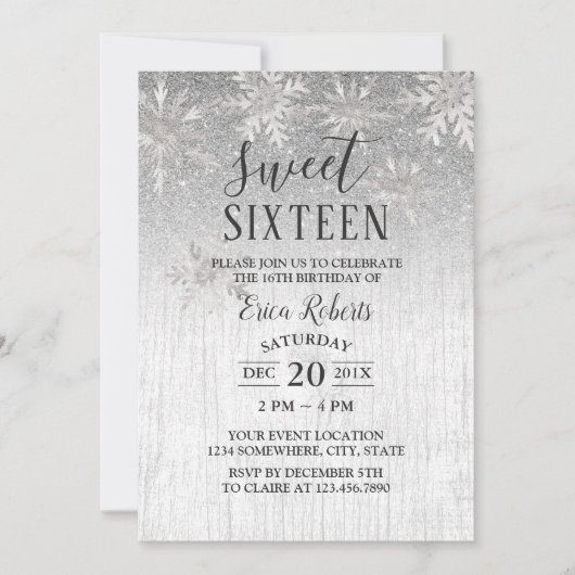 Rustic Winter Silver Snowflakes Sweet 16 Party Kaart (Voorkant)