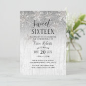 Rustic Winter Silver Snowflakes Sweet 16 Party Kaart (Staand voorkant)