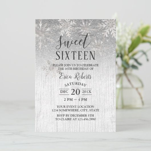 Rustic Winter Silver Snowflakes Sweet 16 Party Kaart (Staand voorkant)