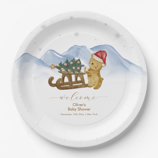 Rustic Winter Sleigh Bear Baby Shower Welcome Papieren Bordje (Voorkant)