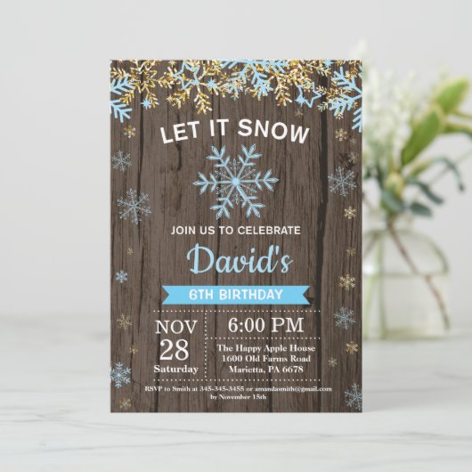 Rustic Winter Snowflake Blue en Gold Boy Birthday Kaart (Staand voorkant)