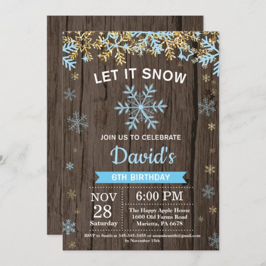 Rustic Winter Snowflake Blue en Gold Boy Birthday Kaart (Voorkant / Achterkant)