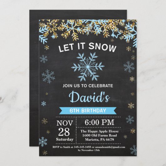 Rustic Winter Snowflake Blue en Gold Boy Birthday Kaart (Voorkant / Achterkant)