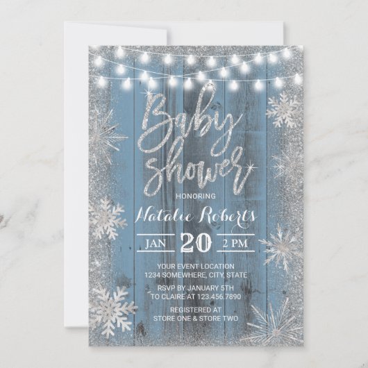 Rustic Winter Snowflake Dusty Blue Baby shower Kaart (Voorkant)