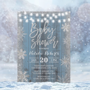 Rustic Winter Snowflake Dusty Blue Baby shower Kaart