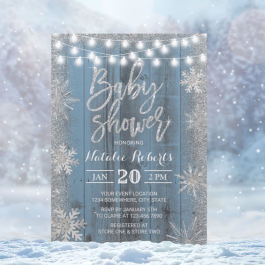 Rustic Winter Snowflake Dusty Blue Baby shower Kaart