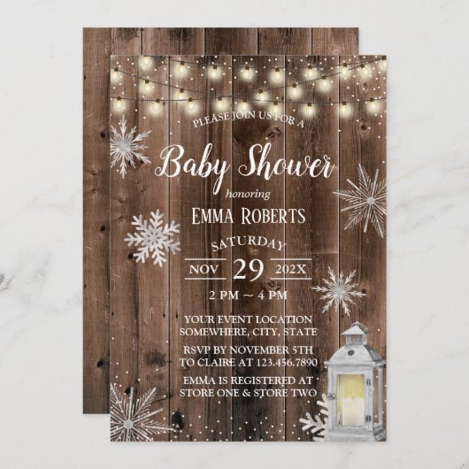Rustic Winter Snowflake Lantern Baby shower Kaart (Voorkant / Achterkant)