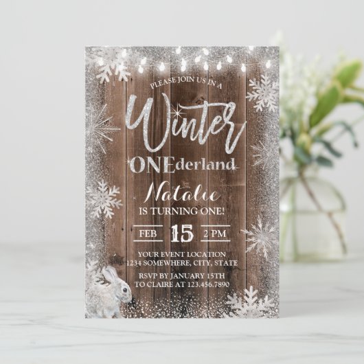 Rustic Winter Snowflake ONEderland Rabbit Birthday Kaart (Staand voorkant)