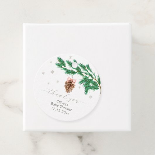 Rustic Winter Snowflake Pine cone Baby Shower Bedankjes Labels (In situ)