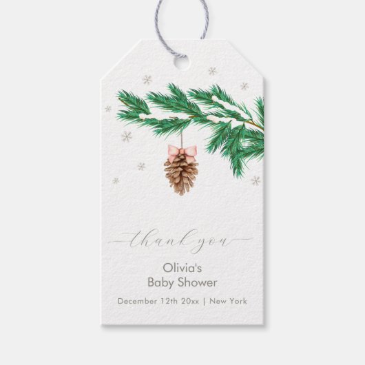 Rustic Winter Snowflake Pine cone Baby Shower Cadeaulabel (Voorkant)