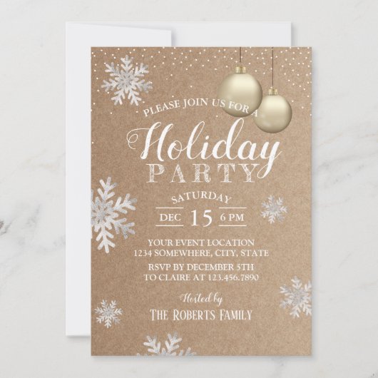 Rustic Winter Snowflakes Holiday Party Kraft Kaart (Voorkant)