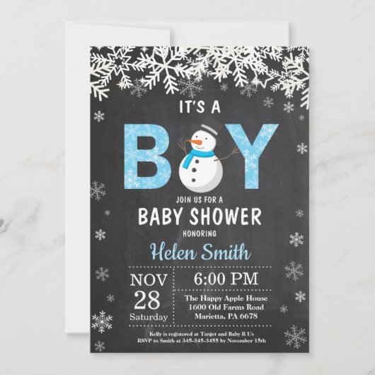 Rustic Winter Snowman Boy Baby shower Uitnodiging (Voorkant)