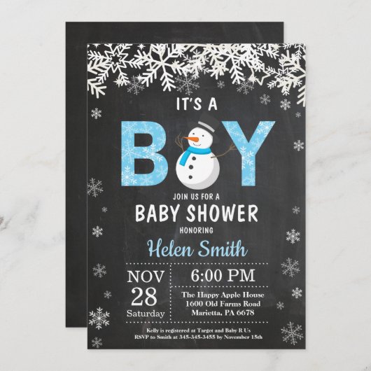 Rustic Winter Snowman Boy Baby shower Uitnodiging (Voorkant / Achterkant)