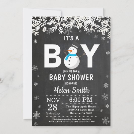 Rustic Winter Snowman Boy Baby shower Uitnodiging (Voorkant)