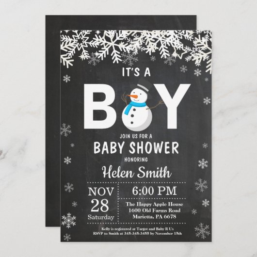 Rustic Winter Snowman Boy Baby shower Uitnodiging (Voorkant / Achterkant)