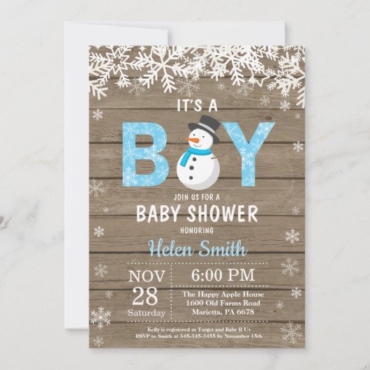 Rustic Winter Snowman Boy Baby shower Uitnodiging (Voorkant)