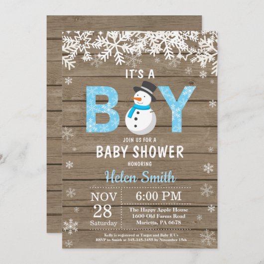 Rustic Winter Snowman Boy Baby shower Uitnodiging (Voorkant / Achterkant)