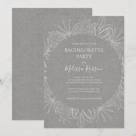 Rustic Winter | Uitnodiging Grijze Bachelorette (Voorkant / Achterkant)