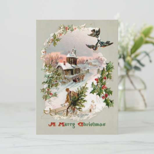 Rustic Winter Village met Holly Feestdagenkaart (Staand voorkant)