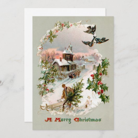 Rustic Winter Village met Holly Feestdagenkaart (Voorkant / Achterkant)