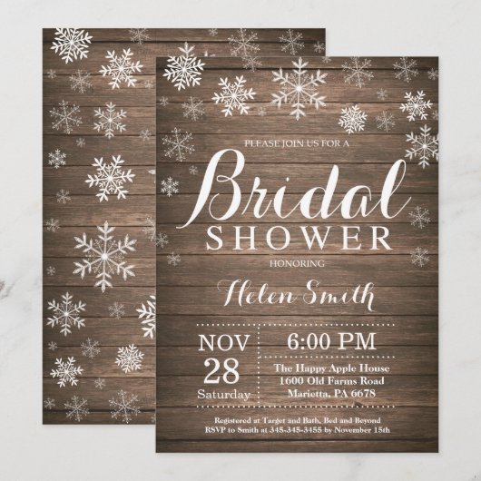 Rustic Winter Vrijgezellenfeest Snowflake Invitati Kaart (Voorkant / Achterkant)