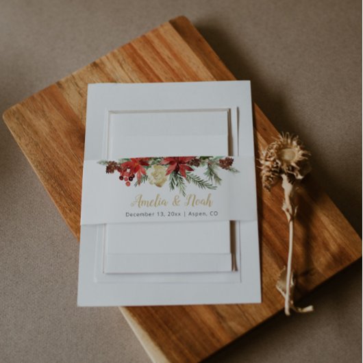 Rustic Winter Wedding Belly Band Evergreen Holly Uitnodigingen Wikkel