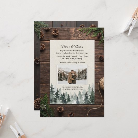 Rustic winter wedding invitation with photo kaart (Voorkant / Achterkant in situ)