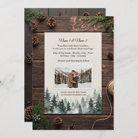 Rustic winter wedding invitation with photo kaart (Voorkant / Achterkant)