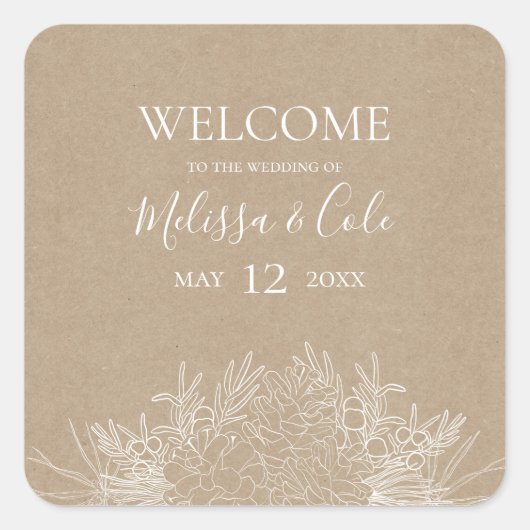 Rustic Winter | Welkom Kraft Wedding Vierkante Sticker (Voorkant)