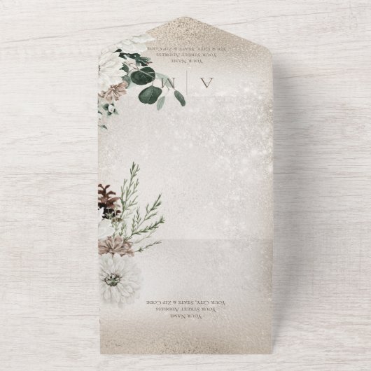 Rustic Winter White Floral Gold Dinner All In One Uitnodiging (Buitenkant)
