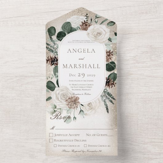 Rustic Winter White Floral Gold Dinner All In One Uitnodiging (Binnen)