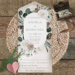 Rustic Winter White Floral Gold Dinner All In One Uitnodiging<br><div class="desc">OOK BESCHIKBAAR MET EEN QR-CODE AAN SCAN. Dit eenvoudige, maar elegante ontwerp heeft een lijst winterdengroen, dennenkegels, witte rozen en eucalyptus op een zachte witte blauwe bekleding met een gouden achtergrond. De voorflap bevat de bruid en de eerste initialen van de bruidegom. Dit ontwerp is beschikbaar met of zonder maaltijdopties...</div>